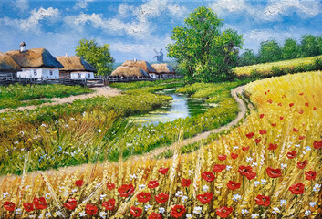 Rural landscape with river and house. Mill, wheat field, village. Oil paintings. Fine art, paint.