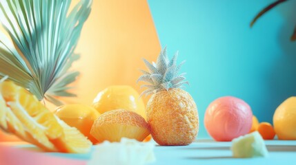 Tropical fruits arrangement on colorful background healthy food summer vibes exotic refreshment citrus concept