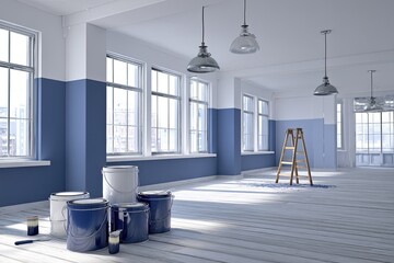 Empty room undergoing paint job, with supplies and ladder.  Spacious interior with large windows, showcasing city views.  Light-colored hardwood floors and painted walls in shades of blue and white
