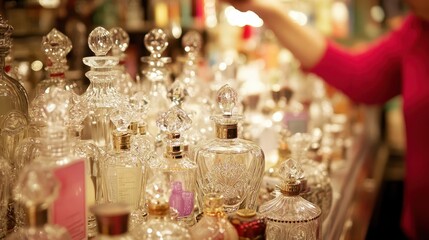 Many ornate perfume bottles on a display shelf.