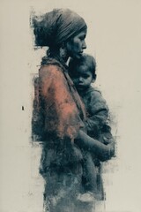 Fototapeta premium Emotional mother and baby portrait in fluid, abstract brushwork.