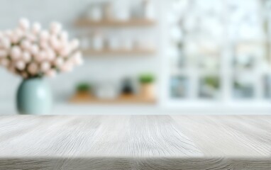 Light wooden tabletop with blurred vase of flowers and kitchen background, creating a fresh and inviting scene.