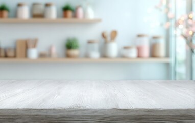 Light wooden tabletop with a blurred, modern kitchen background featuring shelves, jars, and plants in soft, natural lighting.
