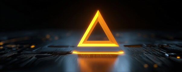 A glowing orange triangle floats above a dark, futuristic circuit board, emitting light and creating a high-tech digital atmosphere.