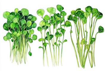 Nutrient-rich tiny greens showcased in beautiful watercolor illustrations.