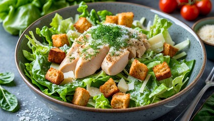 Vibrant chicken caesar salad in modern bowl