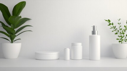 Minimalist white cosmetic packaging mockup with green indoor plant in clean light background