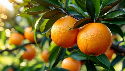 Vibrant fresh oranges on tree branch in sunlight