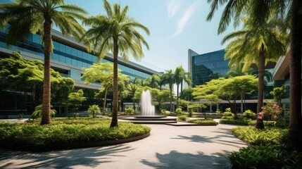 green office building palm trees