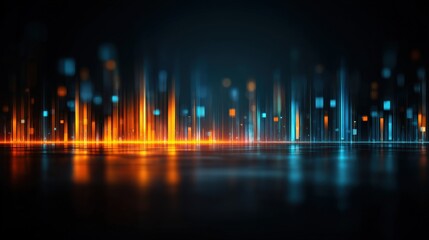 Abstract digital soundwave pattern with glowing orange and blue bars on a dark background, evoking technology and data visualization.