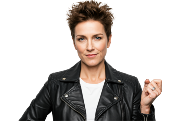 Confident Middle-Aged Woman in Leather Jacket Against Black Background: Strong Stance and Engaging Expression Reflecting Empowerment and Attitude