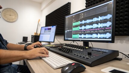 Back View of a Young Engineer Working on Computer in a Technological Office Environment. Male Programmer Writing Software Code for a Blockchain Project, Developing Backend System 