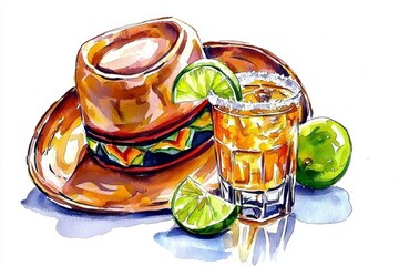 Festive Watercolor Illustration of Tequila with Lime and Salt
