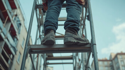 Construction Worker Ascending Scaffold Ladder