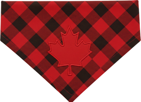Red and Black Buffalo Plaid Dog Bandana with Embroidered Maple Leaf