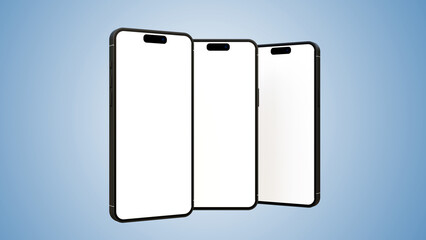 Mock up of three mobile phones with blank screen isolated on soft blue background. Smartphones with blank screen and copy space. Phones with place for app, website advert. Ui and Ux design mock up.