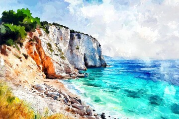 Obraz premium Vibrant watercolor illustration of a coastal landscape.