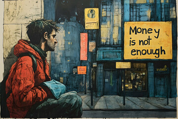 A street scene depicting a pensive figure contemplating financial limitations.