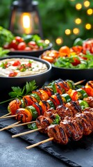 Grilled skewers with vegetables and hummus Outdoor dining