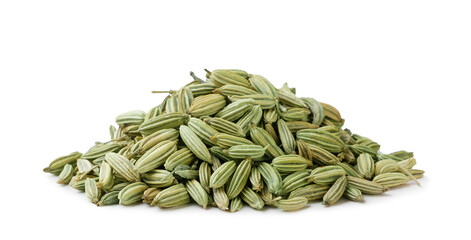 Pile of dry fennel seeds close-up on a white background. Isolated