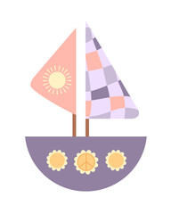 Retro groovy sailboat, cute cartoon seasonal sea transport. Summer hand drawn vector illustration in flat style