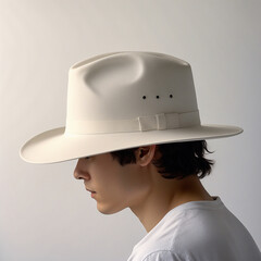 Man wearing a wide-brim cream cowboy hat in profile, minimal studio lighting on neutral background.