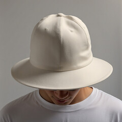 Man looking down wearing a round cream dome hat, captured in a clean studio setup with soft shadows.