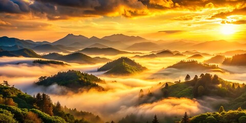 Enchanting Misty Mountain Sunrise: Serene Morning Landscape