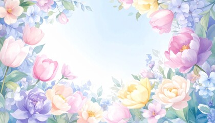 Abstract border frame of flowers painting with spring flowers tulips background graphic resource