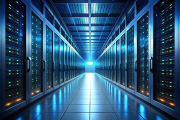Fototapeta premium Endless Server Hallway: Dark Technology Infrastructure Stock Photo