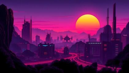Retro background landscape 1980s style. Retro 80s sci-fi background city landscape. Futuristic background retro wave. Retro futuristic synth wave retro wave 80s styled night cityscape with a big sunse