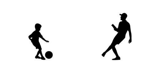 A little boy is walking with his soccer coach vector