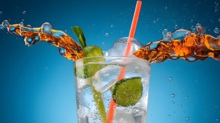 A refreshing glass filled with a vibrant medley of sliced citrus fruits, kiwi, and berries, surrounded by a dynamic splash of crystal clear water.