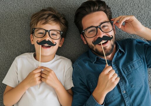 Father and son lying down wearing glasses and holding fake mustaches up to face