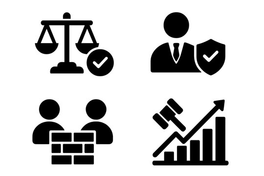 Vector illustration icons representing legal services, assurance, teamwork, and growth in business context