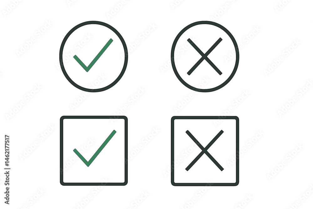 Poster vector illustration of check and cross icons in various shapes and styles for user interface design