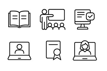 Vector illustration icons depicting educational themes such as books, teaching, online learning, and certification for various learning environments