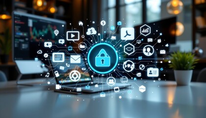 a holographic display of various digital icons centered around security themes, such as padlocks, shields, and access cards, arranged around a digital key icon in the center
