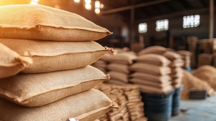 Burlap sacks in a storage facility filled with grains and produce