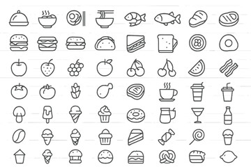 Collection of vector illustrations featuring various food icons in a minimalist style including fruits, desserts, and main dishes