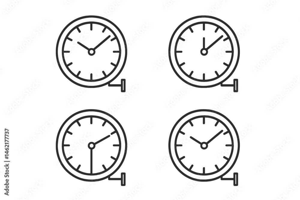 Poster vector illustration of four clock icons depicting different times in a simple, clean style for use i