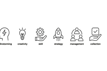 Vector illustration depicting various concepts related to brainstorming, creativity, skill development, and management in a modern business setting