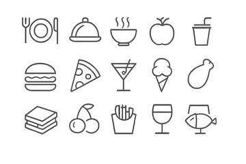 Diverse collection of vector food and drink icons suitable for various culinary themes and applications in design