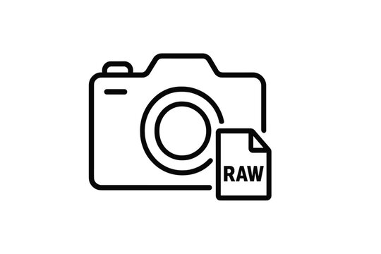 Vector illustration icon of a camera with raw file symbol representing digital photography and editing - Powered by Adobe