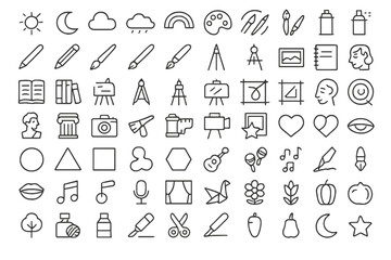 Vector illustration icons showcasing various artistic and creative activities including nature, tools, symbols, and objects