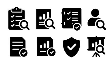 Vector illustration icons representing various aspects of analysis, verification, and management in business processes