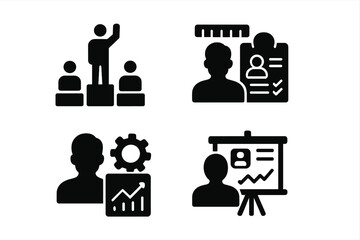 Vector illustration icon set depicting leadership, evaluation, management, and presentation activities in a corporate environment