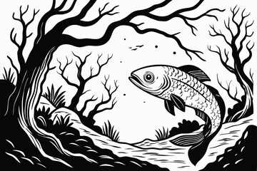58 Surreal underwater scene, giant eel-like fish, twisted bare trees, monochrome illustration, detailed linework, intricate branches, underwater vegetation, rocky seabed, ethereal atmosphere, fantasy 