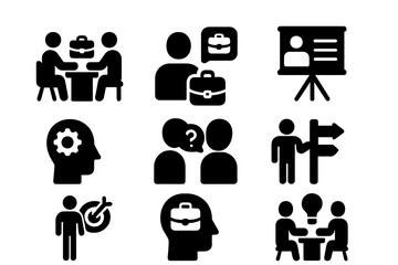 Vector illustration of people engaged in various professional activities, including meetings and presentations in a collaborative environment