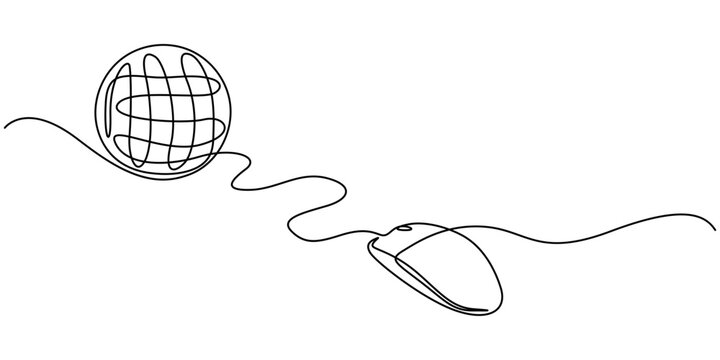 Computer mouse connected to the planet Earth, global communication icon neon glow vector illustration concept, Continuous one single line drawing Computer mouse connected to a globe icon  pro vector. 